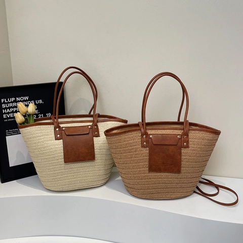 Große Strohgewebte Tragetasche Mit Lederbesatz Kordelzug Eimer Handtasche Für Damen Sommer Strandurlaub Vintage