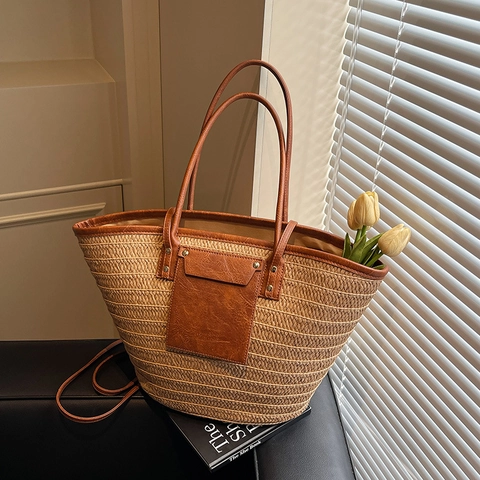 Große Strohgewebte Tragetasche Mit Lederbesatz Kordelzug Eimer Handtasche Für Damen Sommer Strandurlaub Vintage