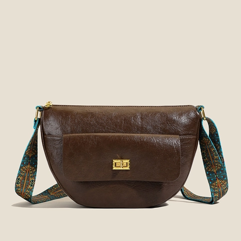 Halbmond Umhängetasche Damen PU Leder Lychee Textur Breiter Ethno Webriemen Goldener Verschluss Satteltasche