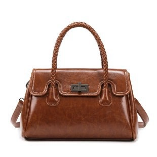 Retro PU Leather Handbag For Women Glossy Braided Handle Shoulder Crossbody Bag Metal Twist Lock Large Capacity Casual