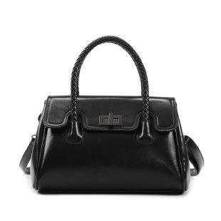 Retro PU Leather Handbag For Women Glossy Braided Handle Shoulder Crossbody Bag Metal Twist Lock Large Capacity Casual