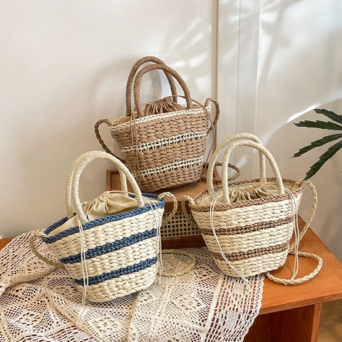Borsa A Secchiello Intrecciata In Paglia Da Donna Righe Estate Spiaggia Vacanze Mano Con Chiusura A Coulisse E Tracolla Casual