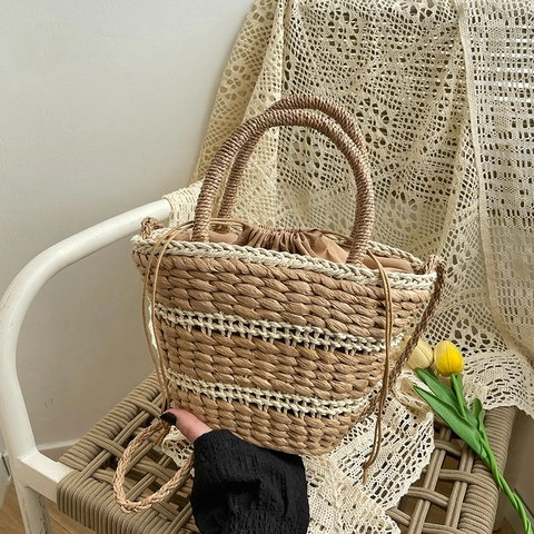 Borsa A Secchiello Intrecciata In Paglia Da Donna Righe Estate Spiaggia Vacanze Mano Con Chiusura A Coulisse E Tracolla Casual