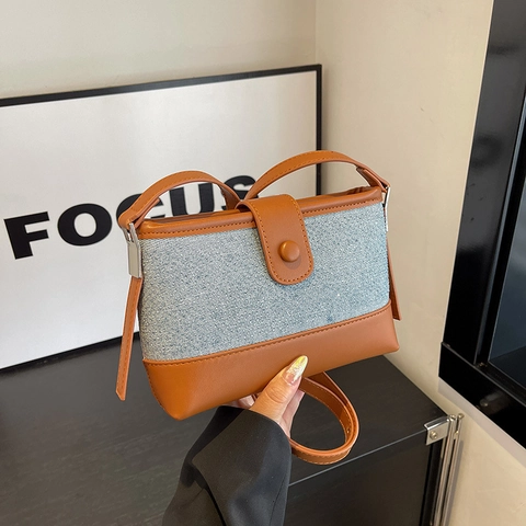 Patchwork Crossbody Bag For Women Denim Fabric And PU Leather Retro Small Square Shoulder Handbag Versatile