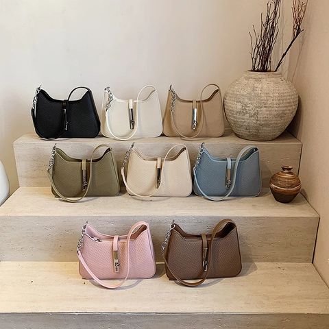 Damen Gewebte PU Leder Unterarmtasche Retro Hobo Handtasche Mit Metallkette Verschluss Lässig Pendler Mode
