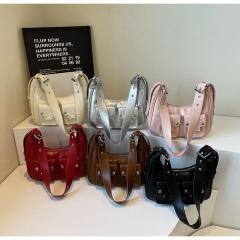 Women PU Leather Underarm Shoulder Bag Multi Pocket Cargo Moto Style Rivet Adjustable Strap Hobo Handbag Streetwear Y2K