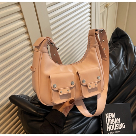 Underarm Shoulder Bag PU Leather Multi Pockets Rivets Vintage Millennium Style Trendy Crossbody For Women