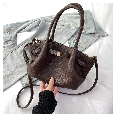 Women Retro Handbag PU Leather Litchi Grain Crossbody Bag Gold Hardware Adjustable Strap Commuting Vintage Fashion