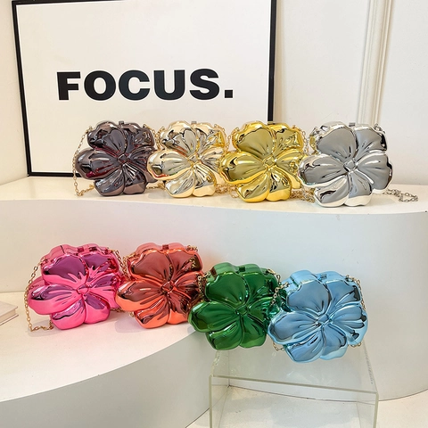 Sac De Soirée En Forme De Fleur Acrylique Pochette Rigide Miroir Métallique Avec Chaîne Pour Femmes Fête