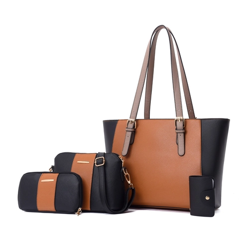 Borsa Tote Tracolla Donna In Pelle PU A Contrasto Con Pochette E Portacarte Trama Saffiano Ufficio Professionale