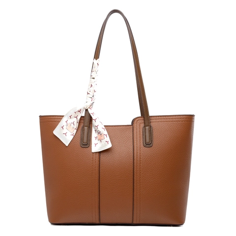 Women Large Capacity Tote Bag Lychee Texture PU Leather Commute Handbag With Decorative Satin Scarf Elegant Shoulder Bag