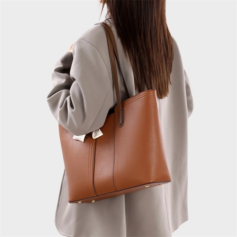 Women Large Capacity Tote Bag Lychee Texture PU Leather Commute Handbag With Decorative Satin Scarf Elegant Shoulder Bag