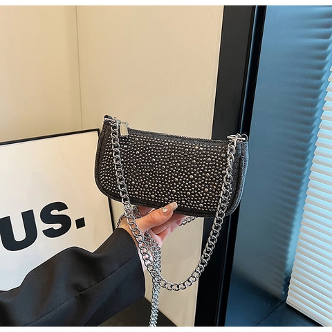 Denim Strass Achseltasche Mit Silberner Kette Retro Y2K Stil Umhängetasche Für Damen Mode