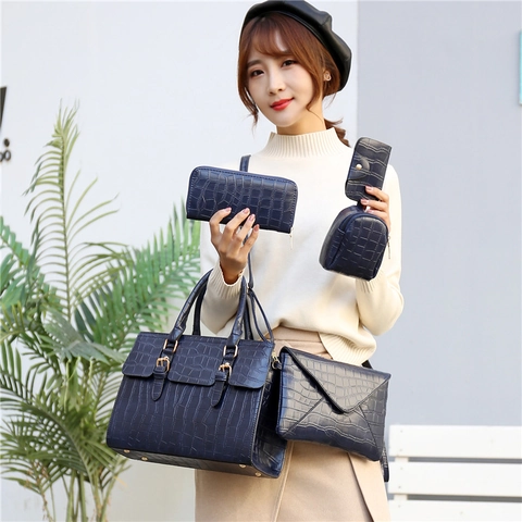 Frauen Krokodil Muster PU Leder Tote Umhängetasche Geldbörse Kartenhalter Mode Elegant Pendeln Schulter Handtasche