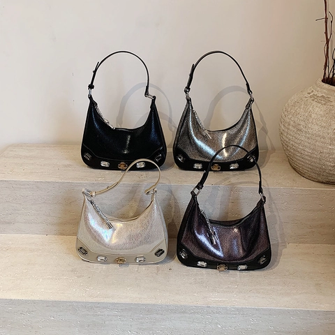 Borsa Hobo Mezzaluna Con Strass Da Donna Stampa Serpente Metallico Pelle PU Borsa A Spalla Elegante Retro Accessorio