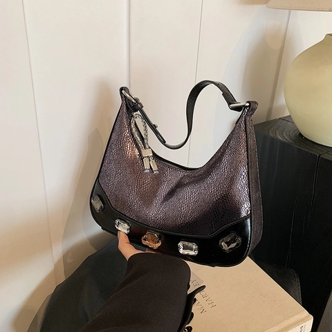 Borsa Hobo Mezzaluna Con Strass Da Donna Stampa Serpente Metallico Pelle PU Borsa A Spalla Elegante Retro Accessorio
