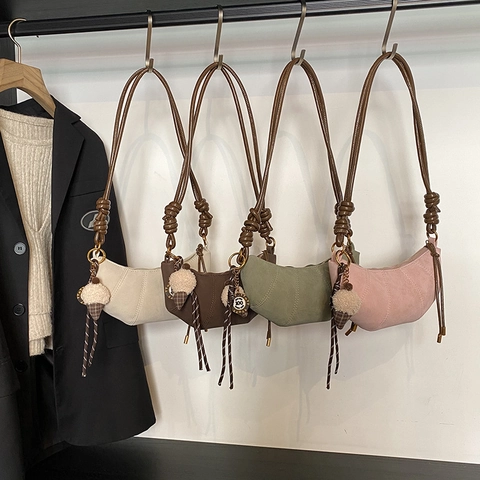 Women PU Matte Half Moon Crossbody Bag Croissant Dumpling Shoulder Handbag With Knotted Strap And Decorative Charm