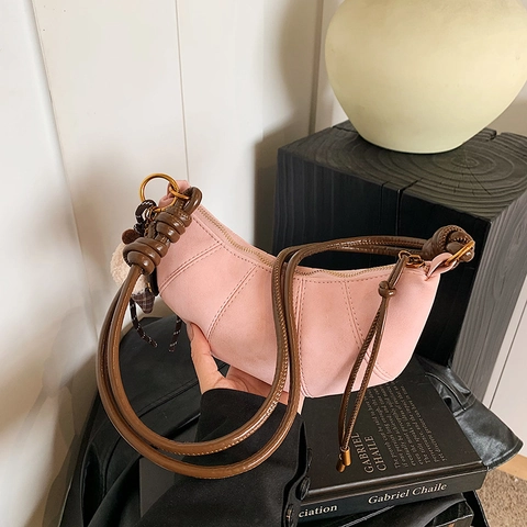Women PU Matte Half Moon Crossbody Bag Croissant Dumpling Shoulder Handbag With Knotted Strap And Decorative Charm