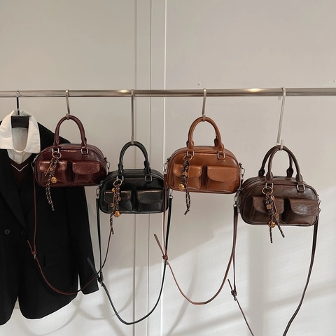 Borsa Boston In Pelle PU Retrò Con Due Tasche Anteriori Grande Capacità Borsa A Tracolla Per Donna