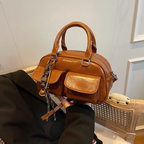 Borsa Boston In Pelle PU Retrò Con Due Tasche Anteriori Grande Capacità Borsa A Tracolla Per Donna