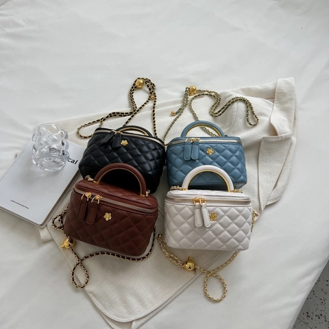 Borsa Vanity Case Da Donna In Pelle PU Trapuntata Con Manico In Metallo E Tracolla A Catena Vintage