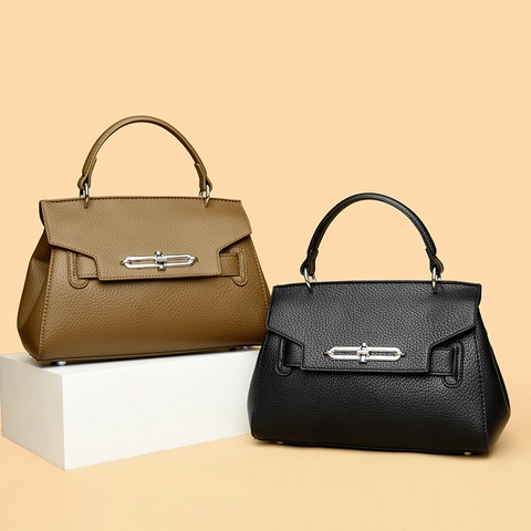 Women Handbag Lychee Grained PU Leather Top Handle Crossbody Bag With Silver Hardware Twist Lock Elegant Commuter
