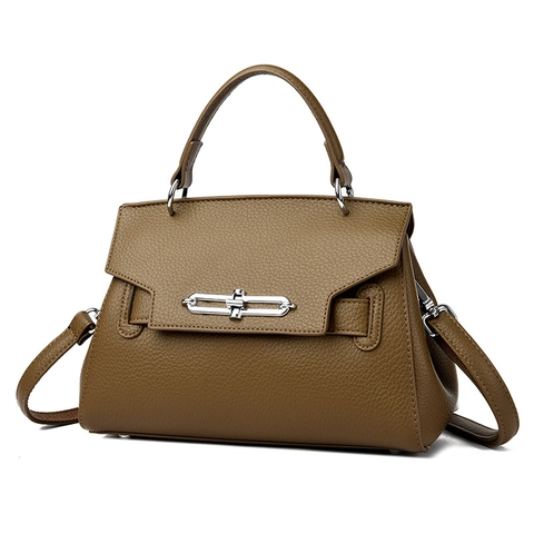 Women Handbag Lychee Grained PU Leather Top Handle Crossbody Bag With Silver Hardware Twist Lock Elegant Commuter