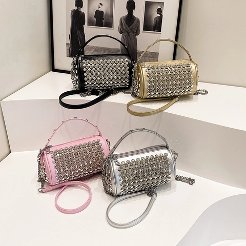 Rhinestone Barrel Tasche PU Leder Zylinder Handtasche Mit Abnehmbarer Kette Für Frauen Party Abendessen Hochzeit Crossbody
