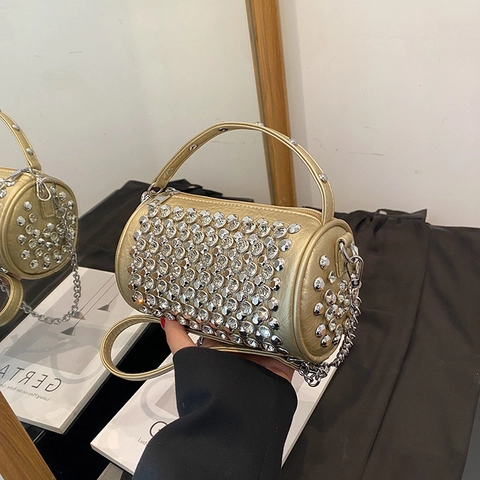 Rhinestone Barrel Tasche PU Leder Zylinder Handtasche Mit Abnehmbarer Kette Für Frauen Party Abendessen Hochzeit Crossbody