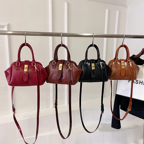 Sac À Main Pour Femmes Gaufré Crocodile Cuir PU Style Boston Rétro Sac À Épaule Bandoulière Fermoir Rotatif Doré