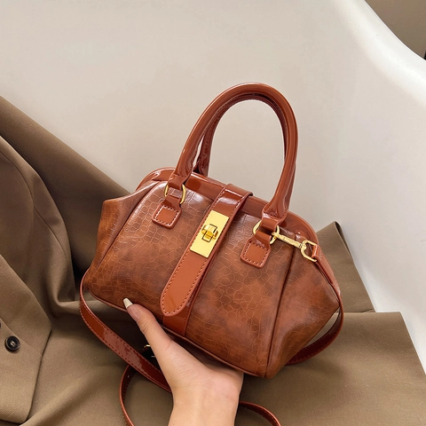 Sac À Main Pour Femmes Gaufré Crocodile Cuir PU Style Boston Rétro Sac À Épaule Bandoulière Fermoir Rotatif Doré