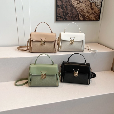 Borsa A Mano Retrò Da Donna Pelle PU Tela Cuciture Piccola Borsa Quadrata Sottobraccio Tracolla Chiusura Triangolo