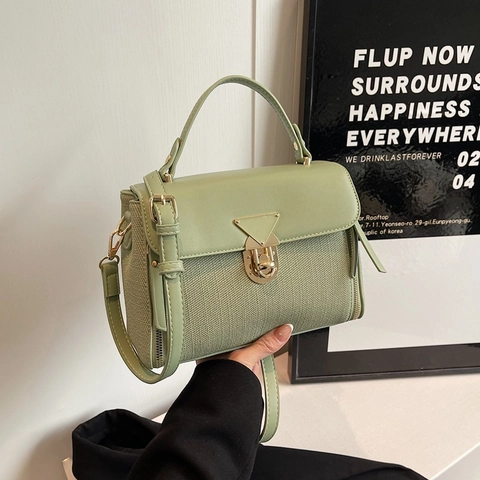 Borsa A Mano Retrò Da Donna Pelle PU Tela Cuciture Piccola Borsa Quadrata Sottobraccio Tracolla Chiusura Triangolo