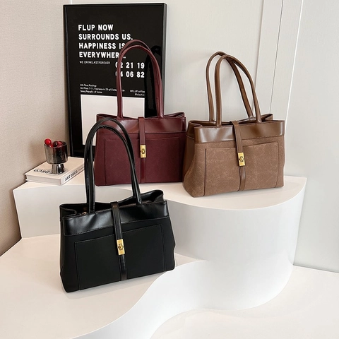 Large Capacity Tote Bag Suede PU Leather Patchwork With Metal Turn Lock Vintage Commute Shoulder Handbag For Women