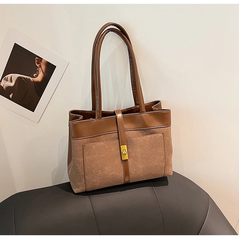 Large Capacity Tote Bag Suede PU Leather Patchwork With Metal Turn Lock Vintage Commute Shoulder Handbag For Women