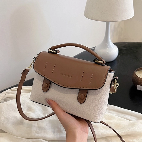 Bolso De Mano Retro Bloques De Color Cuero PU Patrón Lichi Bandolera Solapa Vintage Bolso Cuadrado Mujeres Elegante