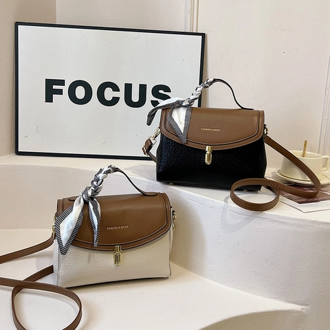 Patchwork PU Leather Shoulder Bag With Scarf Decoration Handle Fashion Crossbody Square Bag For Women