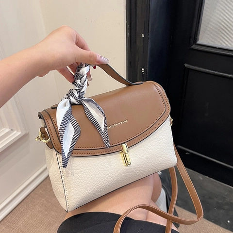 Patchwork PU Leather Shoulder Bag With Scarf Decoration Handle Fashion Crossbody Square Bag For Women
