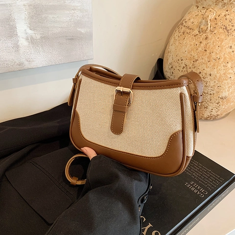 Borsa A Tracolla Vintage In Tela E Pelle PU Patchwork Da Donna Moda Borsa Sottobraccio Con Tracolla Regolabile Fibbia In Metallo
