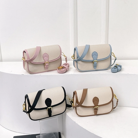 Bolso Bandolera Retro De Cuero PU Tejido Color De Contraste Bolso De Hombro Con Correa Ajustable Bolso Mensajero Cuadrado