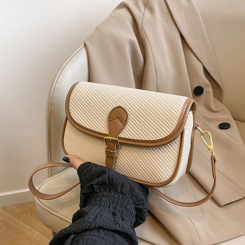Bolso Bandolera Retro De Cuero PU Tejido Color De Contraste Bolso De Hombro Con Correa Ajustable Bolso Mensajero Cuadrado