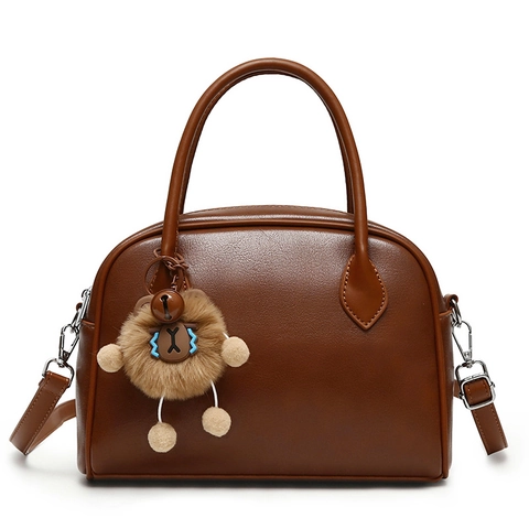 Women Retro PU Leather Boston Handbag Set With Plush Lion Charm Crossbody Shoulder Bag Daily Commute Top Handle Bag