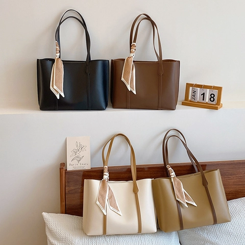 Bolso Tote Grande De Cuero PU Para Mujer Con Pañuelo De Satén Decorativo Color Sólido Elegante Bolso De Mano