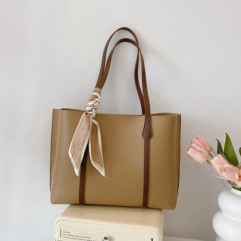 Bolso Tote Grande De Cuero PU Para Mujer Con Pañuelo De Satén Decorativo Color Sólido Elegante Bolso De Mano