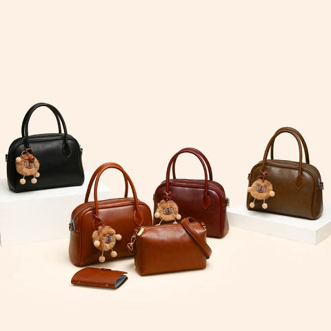 Women Retro PU Leather Boston Handbag Set With Plush Lion Charm Crossbody Shoulder Bag Daily Commute Top Handle Bag