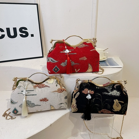 Bolso De Noche Bordado Estilo Chino Marco De Metal Cadena Mujeres Bolso De Mano Concha Retro Con Borla De Conejo