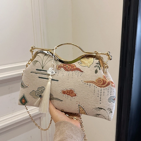 Bolso De Noche Bordado Estilo Chino Marco De Metal Cadena Mujeres Bolso De Mano Concha Retro Con Borla De Conejo