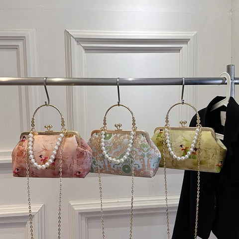 Retro Chinese Style Evening Bag Fabric With Artificial Pearl Handle And Metal Chain Embroidery Traditional Elegant Women