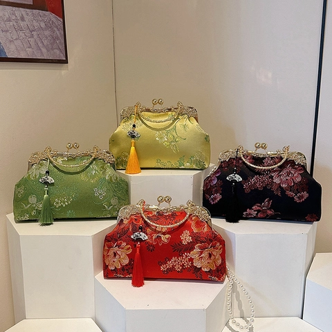 Sac De Soirée Style Chinois Broderie Florale Satin Cadre Métallique Bandoulière Künstliche Perle Gland Élégant