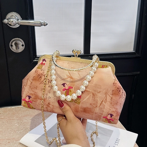 Retro Chinese Style Evening Bag Fabric With Artificial Pearl Handle And Metal Chain Embroidery Traditional Elegant Women
